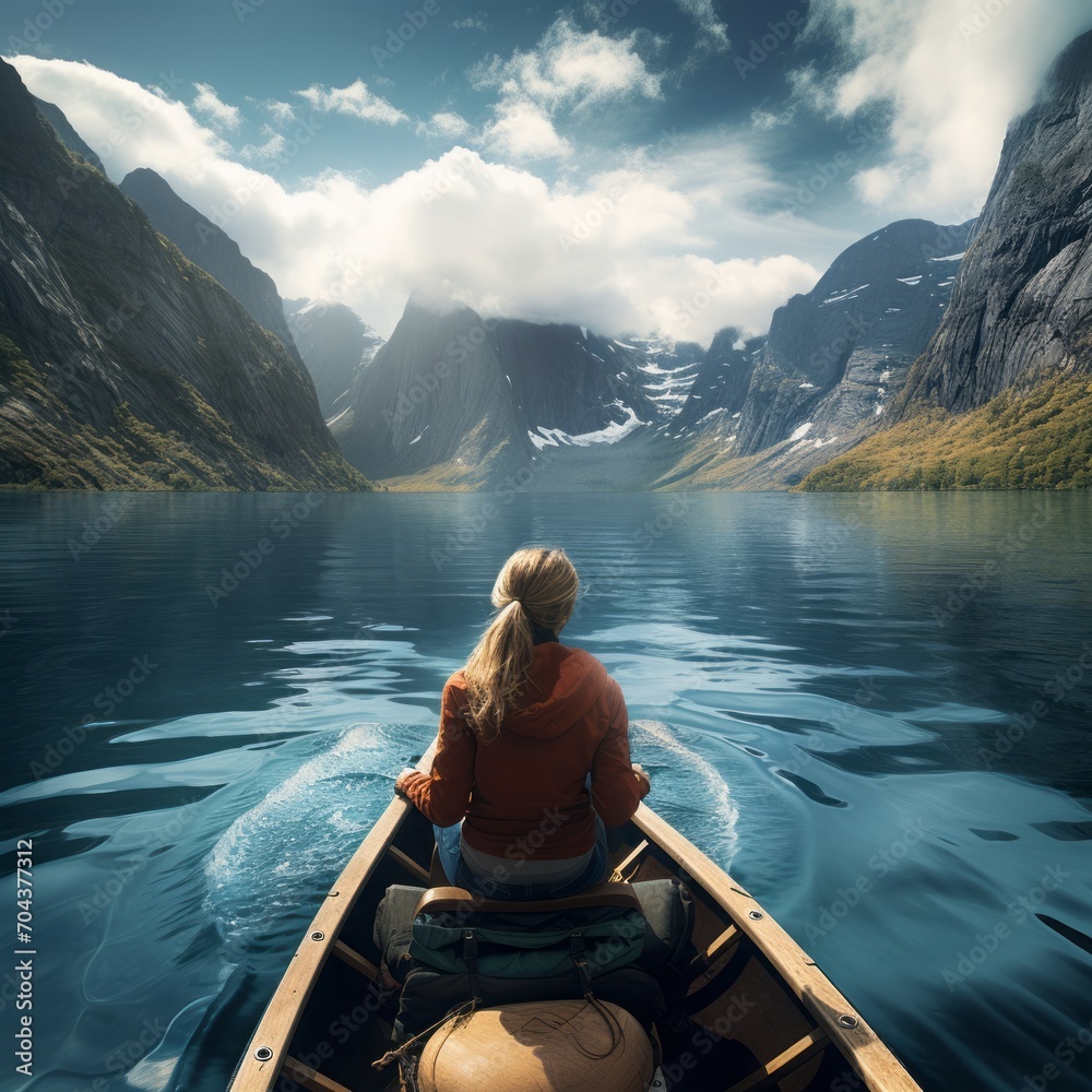 View from the back of a girl in a canoe floating on the water among the fjords