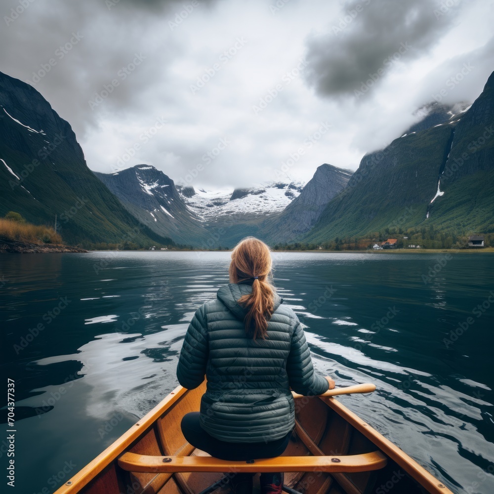 View from the back of a girl in a canoe floating on the water among the fjords