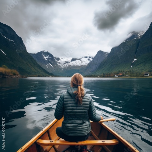 View from the back of a girl in a canoe floating on the water among the fjords © Danko