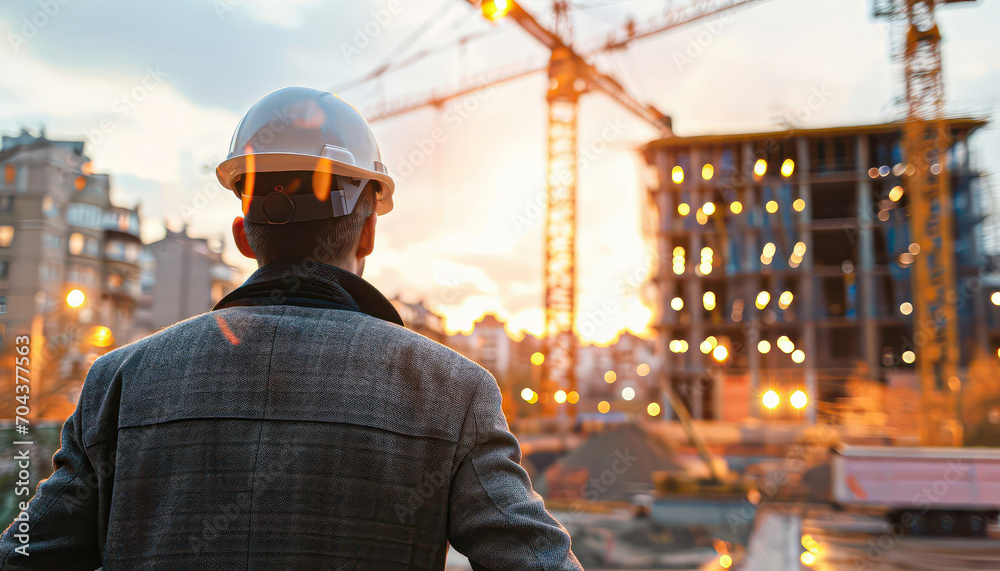 Construction concept. at back of the construction worker head which is wearing the safety helmet and checking work at the construction site.