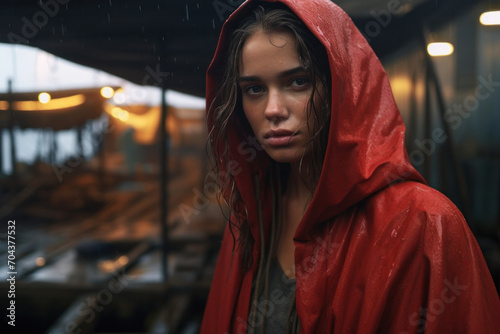 Serene young woman in a red raincoat during a downpour, her intense gaze reflecting a quiet strength amidst the urban backdrop