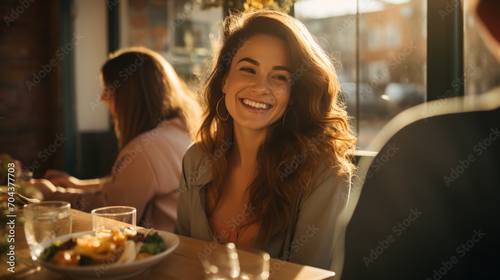 Smiling woman sitting at a restaurant table