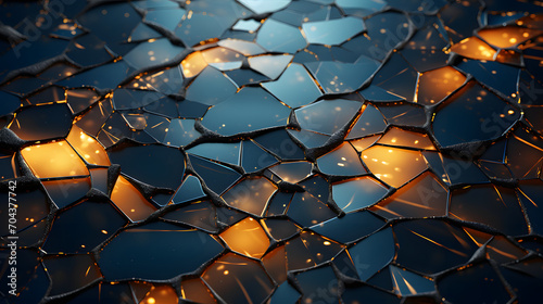 Close-up of a broken mirror  shards reflecting a distorted view of a yellow light source.