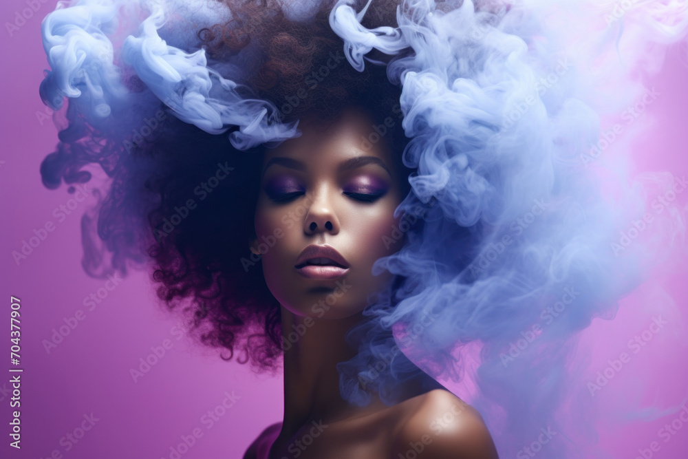 Enchanting portrait of a woman with smoke swirling in her voluminous hair, her closed eyes evoke a sense of peace amidst a purple haze.