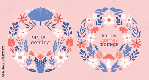Collection of banner templates with round frame of cute illustrations of leaves, plants, flowers, hearts, mushrooms, typography. Vector card designs in flat cartoon style. Happy spring concept. 