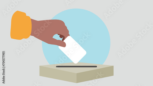 Vektor-Illustration einer Person, die einen Stimmzettel in eine Wahlurne wirft und damit eine Stimme abgibt - Wahl oder soziale Umfrage Konzept