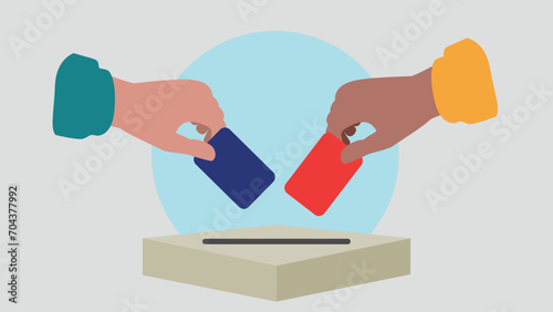 Vektor-Illustration einer Person, die einen Stimmzettel in eine Wahlurne wirft und damit eine Stimme abgibt - Wahl oder soziale Umfrage Konzept