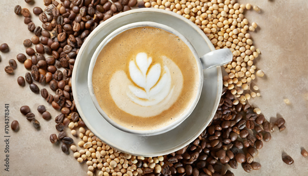 Cup of soy cappuccino decorated with soy and coffee beans Cup of soy cappuccino decorated with soy and coffee beans