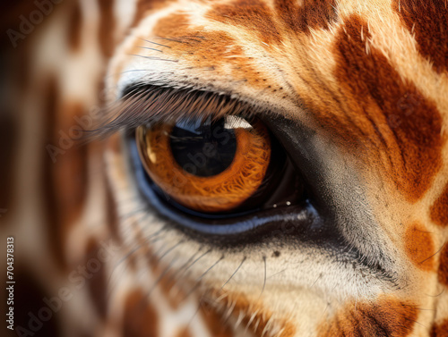 Full frame close up of a giraffe eye and face