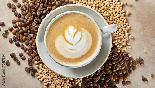 Cup of soy cappuccino decorated with soy and coffee beans
