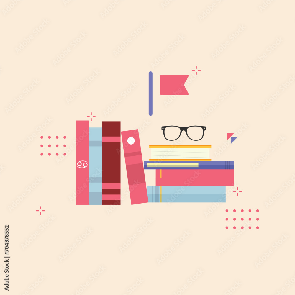Stacks of books for reading, pile of textbooks for education. Set of literature, dictionaries, encyclopedias, planners with bookmarks. Stacks of books for reading, pile of textbooks for education. Set of literature, dictionaries, encyclopedias, planners with bookmarks.