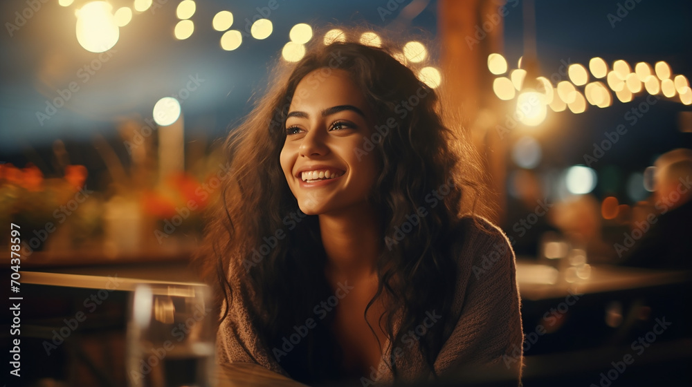 Obraz premium portrait of beautiful young woman talking to friend with blurred background and lights