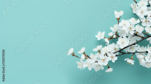 Delicate white cherry blossoms on a branch set against a soft blue background, signaling the arrival of spring.