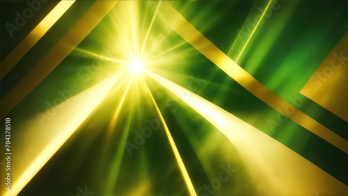Green and Golden light rays with geometric shapes Background