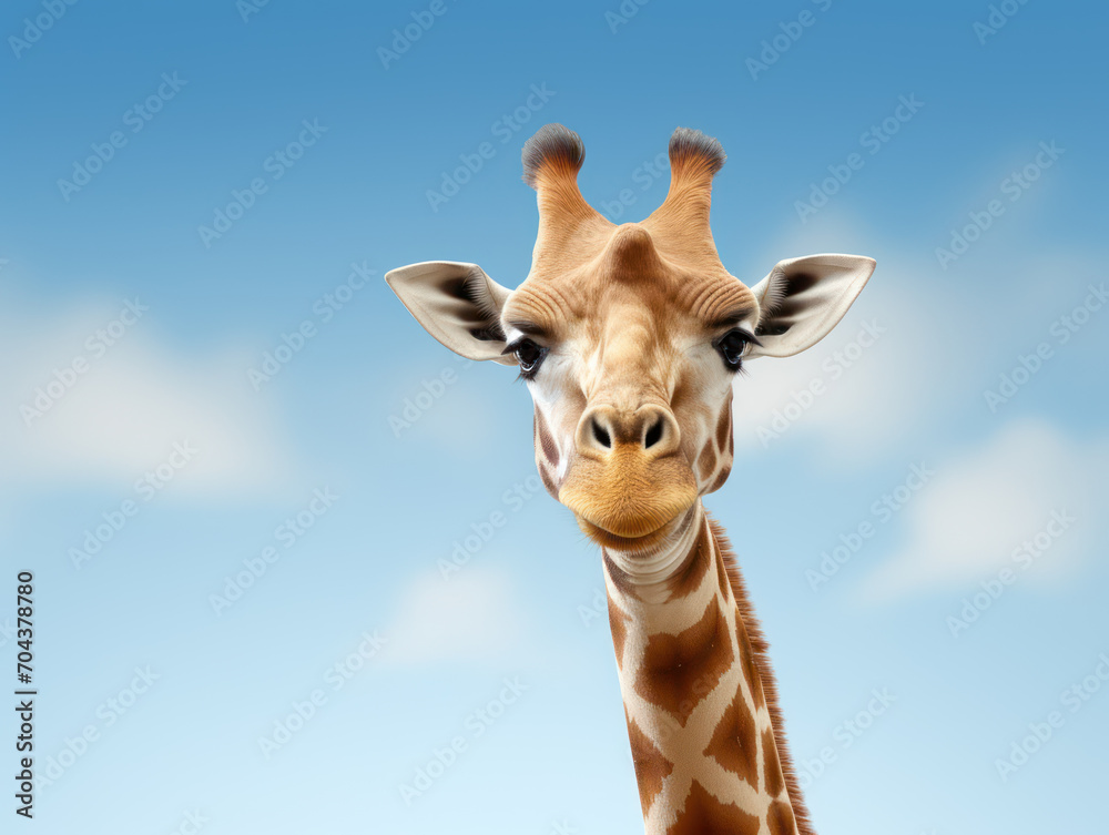 Closeup giraffe face with long neck and spotted coat standing against blue sky background