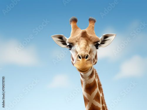 Closeup giraffe face with long neck and spotted coat standing against blue sky background