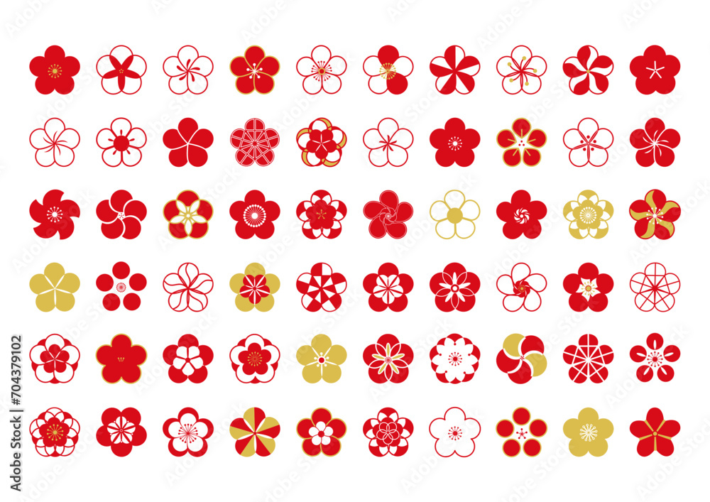 赤色や金色の梅の花びらのイラスト素材のセット