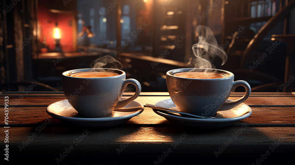 two cup of coffee at coffee shop on wooden table two cup of coffee at coffee shop on wooden table