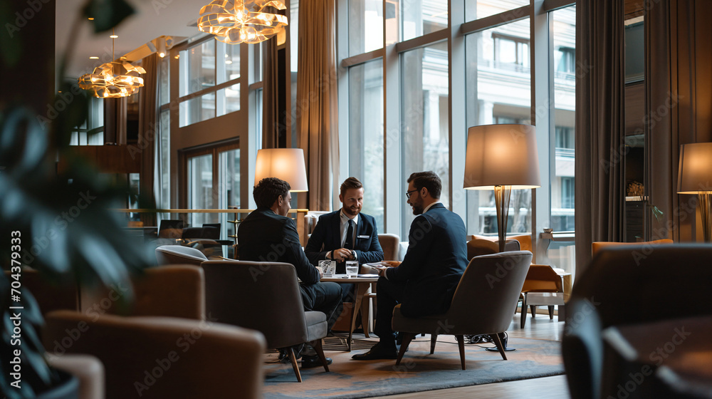 Hotel Manager Engaging with Guests in Minimalist, Well-Designed Hotel Lounge