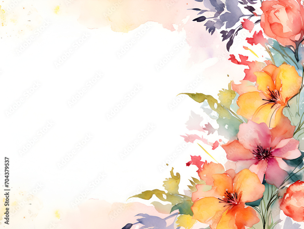 A illustration watercolor background photograph with empty copy center area of a watercolor illustration invitation background with warm color flowers in to the corners