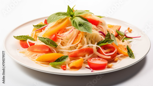 Thai food somtum thai salad and vegetable on the plate in white background photo
