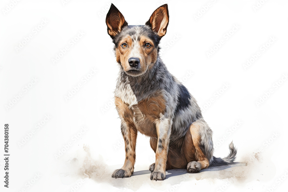 Beautiful Australian Cattle dog sitting down. Watercolour illustration on white background.