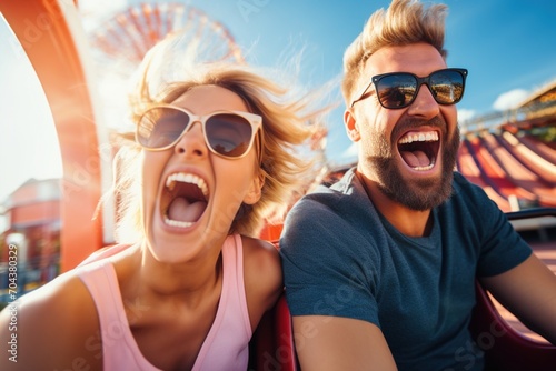 Couple having fun on a roller coaster photo