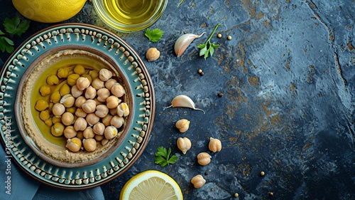 Middle Eastern Bazaar Hummus Ingredients on Ceramic Plate

