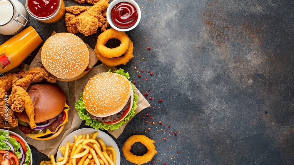 Classic American Fast Food Assortment on Diner Countertop
Classic American Fast Food Assortment on Diner Countertop