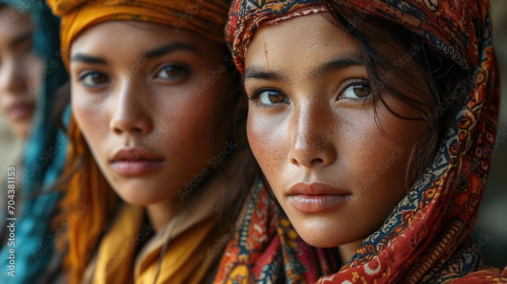 Ethnic beauty. Group of ethnicity women wear traditional clothes. Close up portrait.