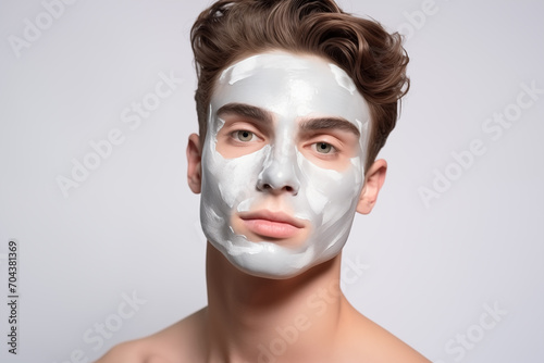 Handsome young Caucasian man with facial mask looking at camera against grey background