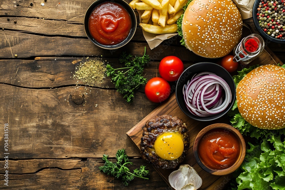 Classic Hamburger Ingredients on Wooden Tabletop


