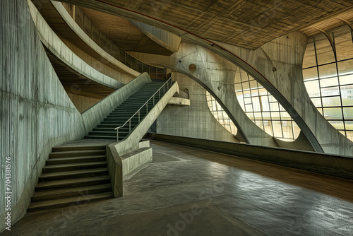 Beautiful fictitious brutalist architecture - an empty hall with copy space