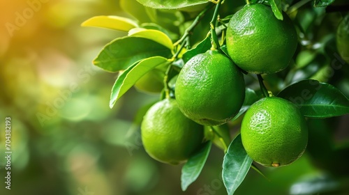 limes tree in the garden are excellent source of vitamin C. Green organic lime citrus fruit hanging on tree  photo