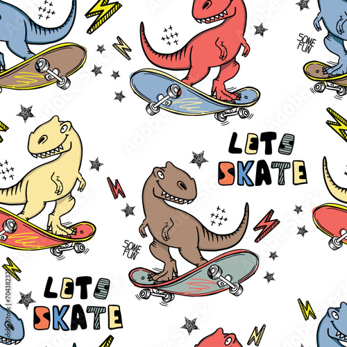 Pastel cool seamless pattern with dinosaur on a skateboard. graffiti background with t rex.For textile, kids wear, fabric and more
