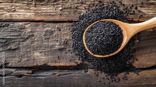 Heap of black Sesame seeds in wooden spoon on old wooden background.Top view.  photo