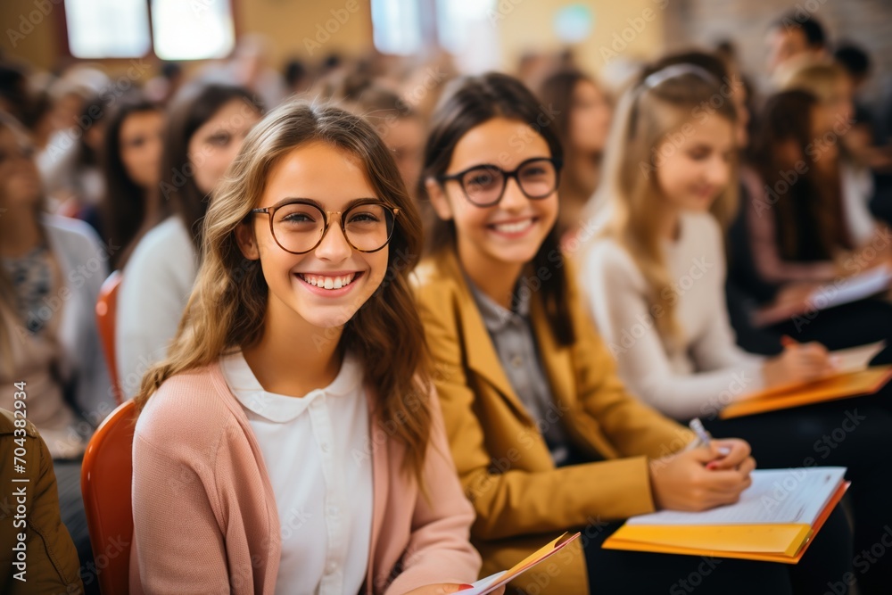 Two female college students smiling in class Two female college students smiling in class