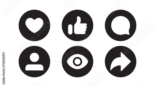 Like, love, comment, and share icon vector on square button black and white. Social media elements