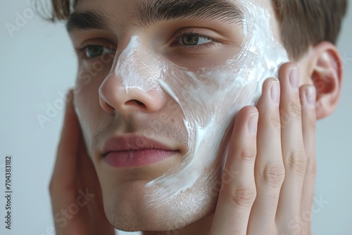 Handsome young Caucasian man applying facial mask on his face against grey background