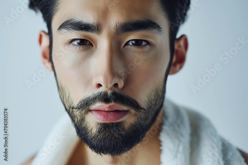 Handsome confident bearded Asian man looking at the camera against grey background