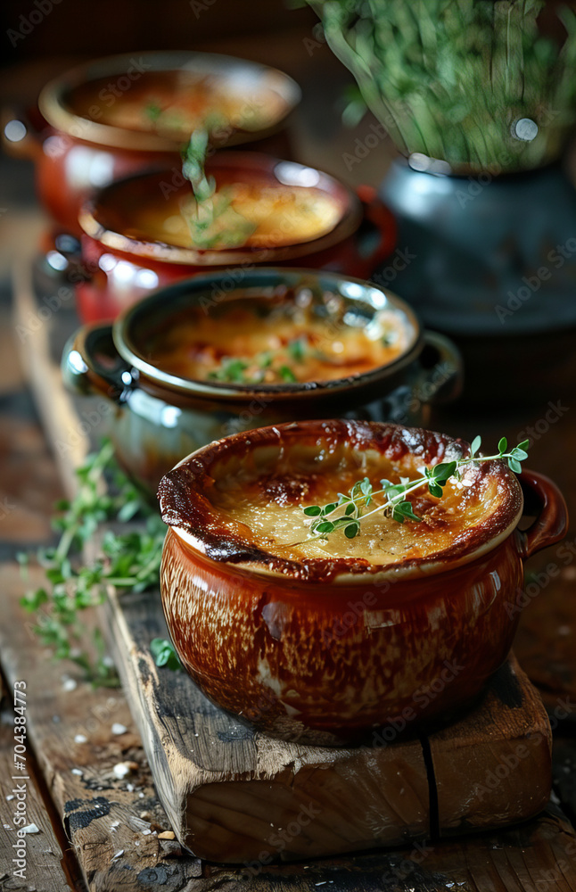 Row of Soup with bread, potatoes with rosemary, Goulash soup with Mediterranean herbs and potatoes, dinner food concept