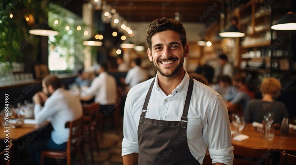 Portrait of a happy waiter in a busy restaurant