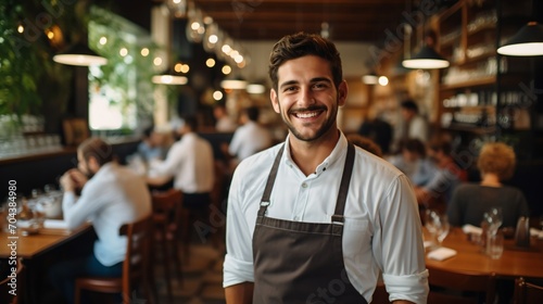 Portrait of a happy waiter in a busy restaurant photo