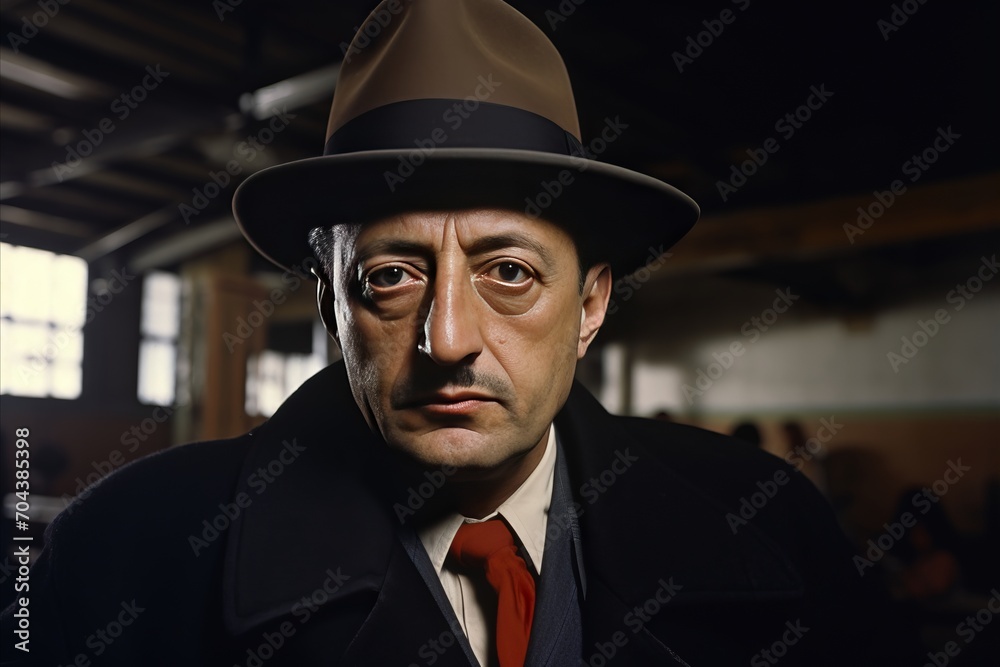 Cinematic Closeup Portrait of Italian Chicago Mobster in Hat. Organized crime and mafia Cinematic Closeup Portrait of Italian Chicago Mobster in Hat. Organized crime and mafia