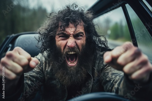 Angry man driving a vehicle. the man screams and swears. aggression and hatred on the road. © Svetlana