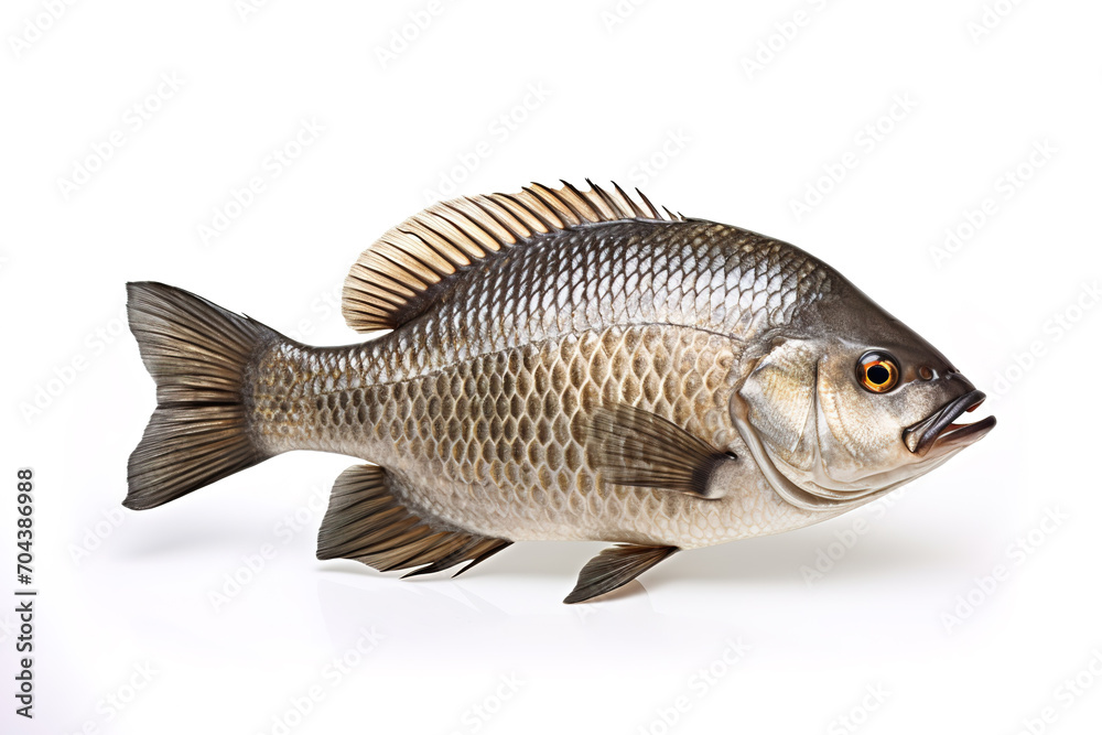 Image of a tilapia fish isolated on white background. Food. Underwater animals. Generative AI. Image of a tilapia fish isolated on white background. Food. Underwater animals. Generative AI.