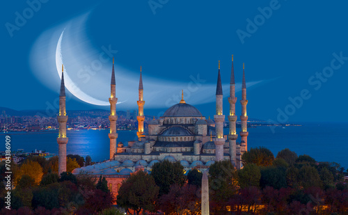 The Sultanahmet Mosque (Blue Mosque) with crescent moon - Istanbul, Turkey
