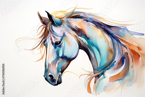 Beautiful watercolor painting of a horse head on a white background. Mammals, Wildlife Animals. Illustration, Generative AI. photo
