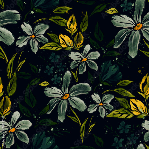 Watercolor seamless pattern with spring floral bouquets. Vintage botanical il...