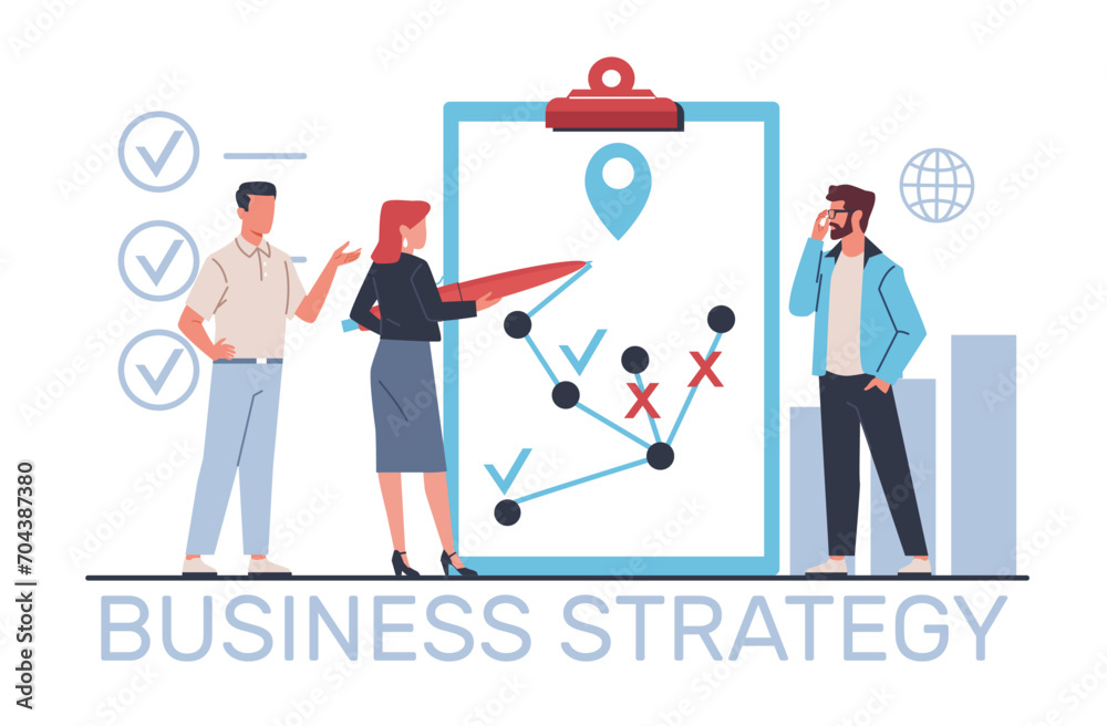 Business strategy, businessmen develop path for development of company. Team people planning, brainstorming employees, draw diagram and create infographics. Cartoon flat vector illustration